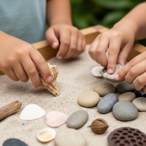 Children's hands exploring materials at a sensory table, representing hands-on preschool education.