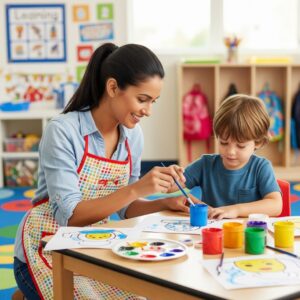 A dedicated preschool teacher providing one-on-one encouragement to a young student during an art activity.