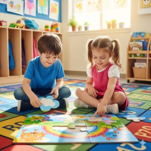 Two young children working together, demonstrating social skill development in preschool.