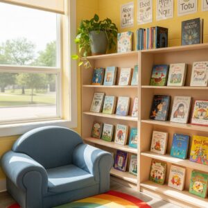A cozy and inviting reading corner in a preschool, designed to encourage a love for books.