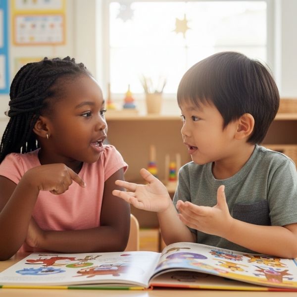 two preschool kids looking at a book
